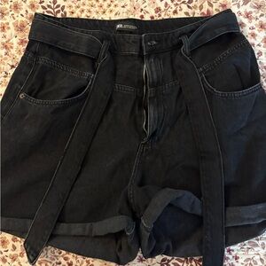 Zara Black Denim Front Tie High-Waisted Shorts